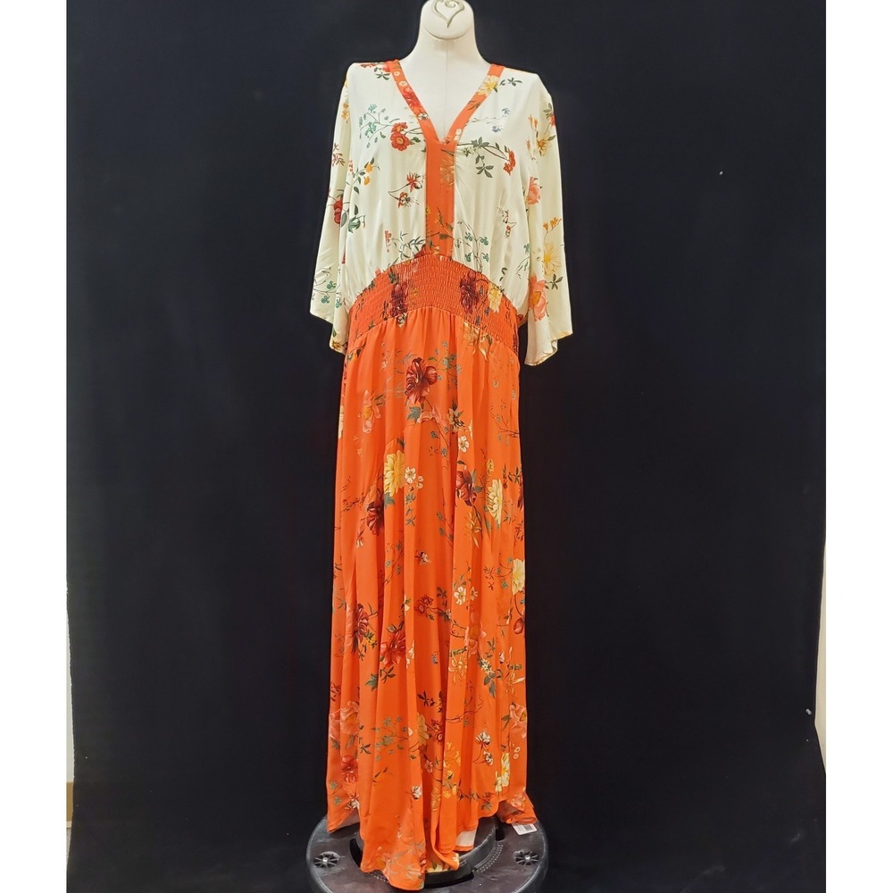 Farm Rio Anthropologie Womens Kiera Maxi Dress Size L Orange Floral Boho Hippie - Picture 2 of 11